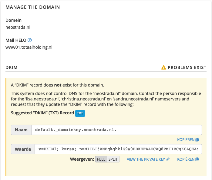 DKIM record onder Manage the Domain