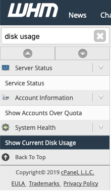 Disk usage WHM menu
